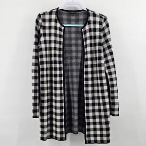 Talbots Cardigan Women Small Black White Gingham Buffalo Plaid Wool Open Front